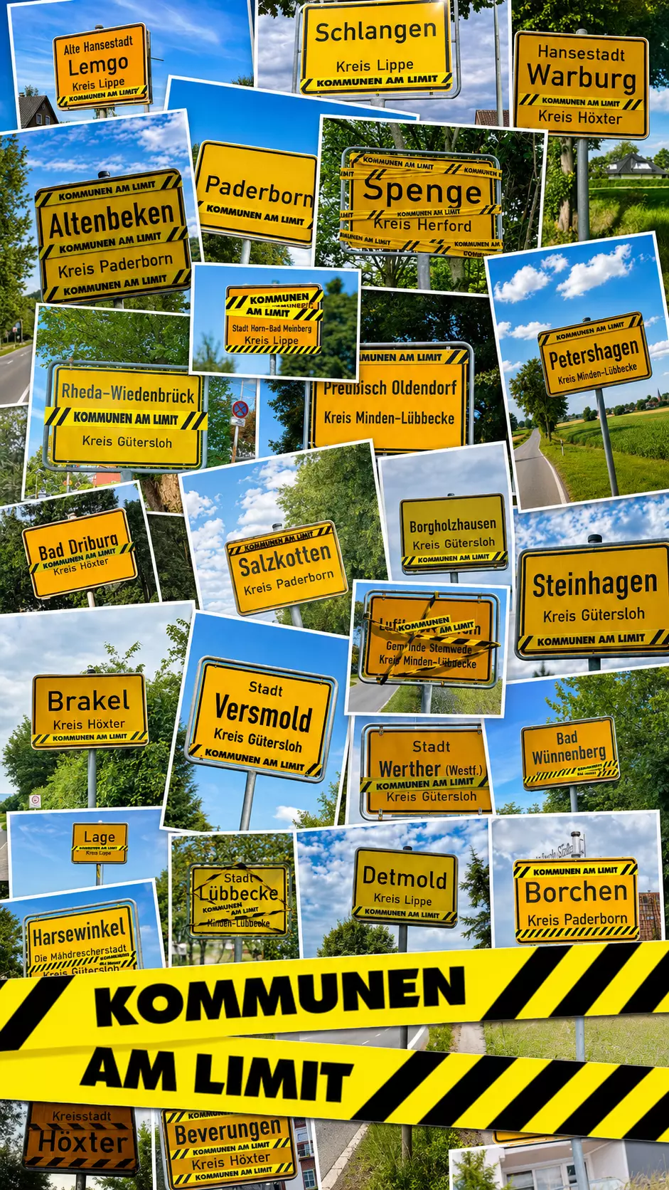 Eine Collage von Ortsschildern mit Aufklebern mit der Aufschrift "Kommunen am Limit"